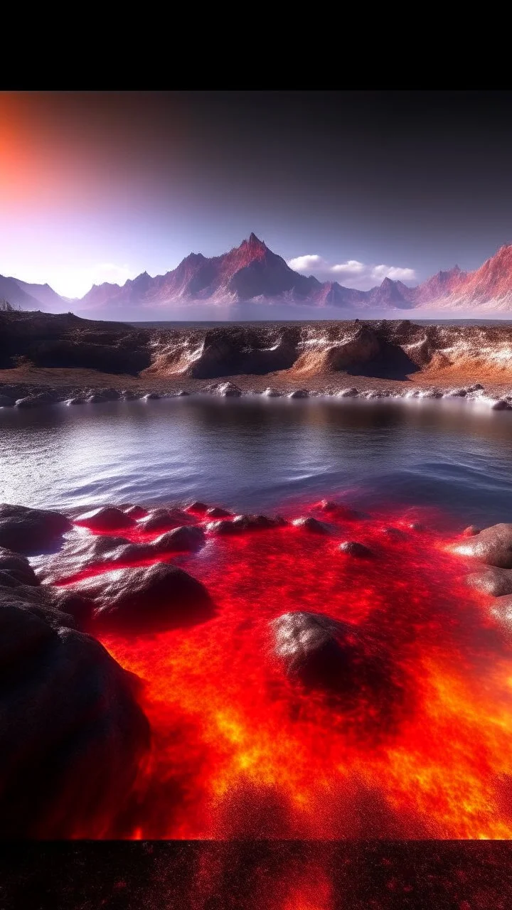 Lava lake in hell with land surrounding it, realistic close up