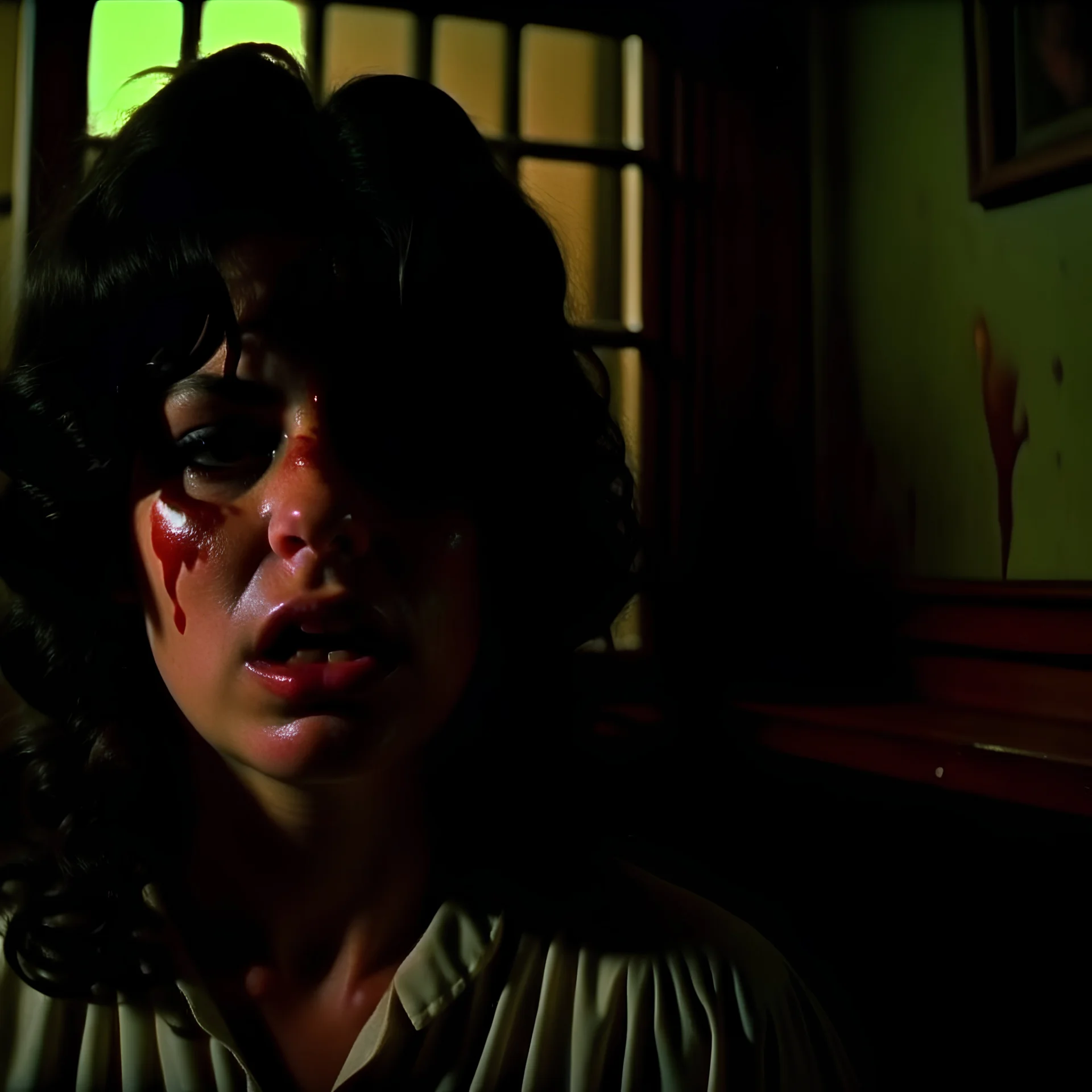 Strong texture, photorealism, Caravaggio. Italian interior. Surreal, eerily mysterious, pastel colors. Italian horror, Dario Argento. Humid. Movie shot, splatter horror. 1970's Italian art. 33mm photography