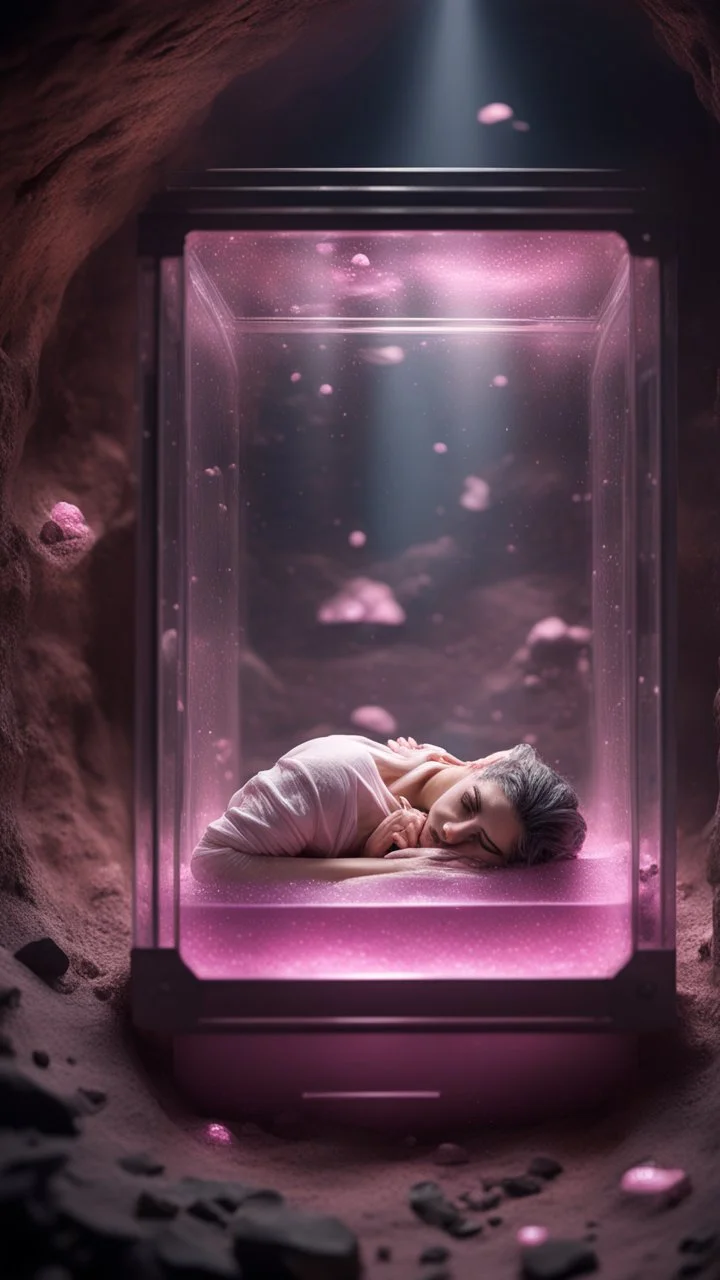 full body portrait of soap star sleeping inside a full size glass casket sarcophagus filled with calm transparent pinkish embalming liquid inside coal mine shaft,bokeh like f/0.8, tilt-shift lens 8k, high detail, smooth render, down-light, unreal engine, prize winning