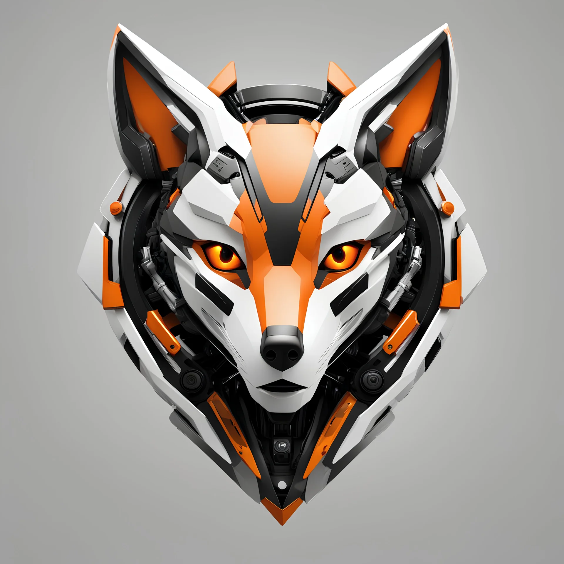 Front logo. 3D. Black, orange and white palette cyborg Fox in artistic style, minimalist