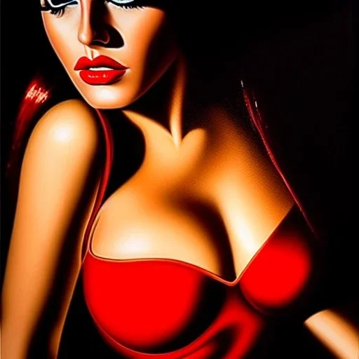 portrait oil on canvas, beautiful busty Jessica Rabbit , intense stare,minimal skintight RED latex dress, realistic, intricate detail , masterpiece, volumetric lighting, Sharp Contrast, highly detailed ,cinematic , deep colours , 8k, in the style of Robert E Howard and pablo oliveira and Adam Hughes