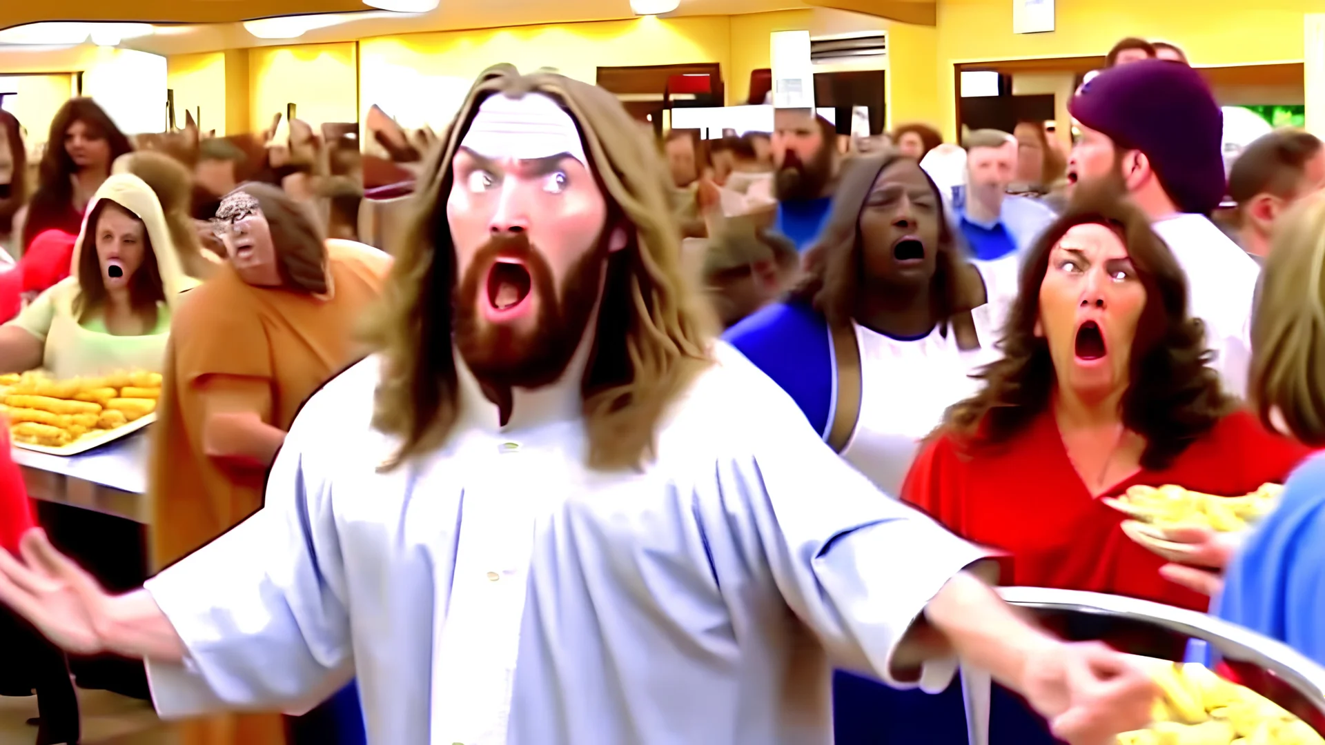 one jesus goes to golden corral buffet while lady yells at everyone