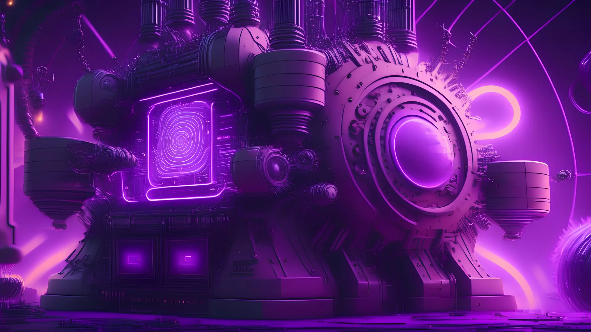 a giant magic generator machine with lots of gadgets, purple tones, dreamy, psychedelic, 4k, sharp focus, volumetrics, trippy background