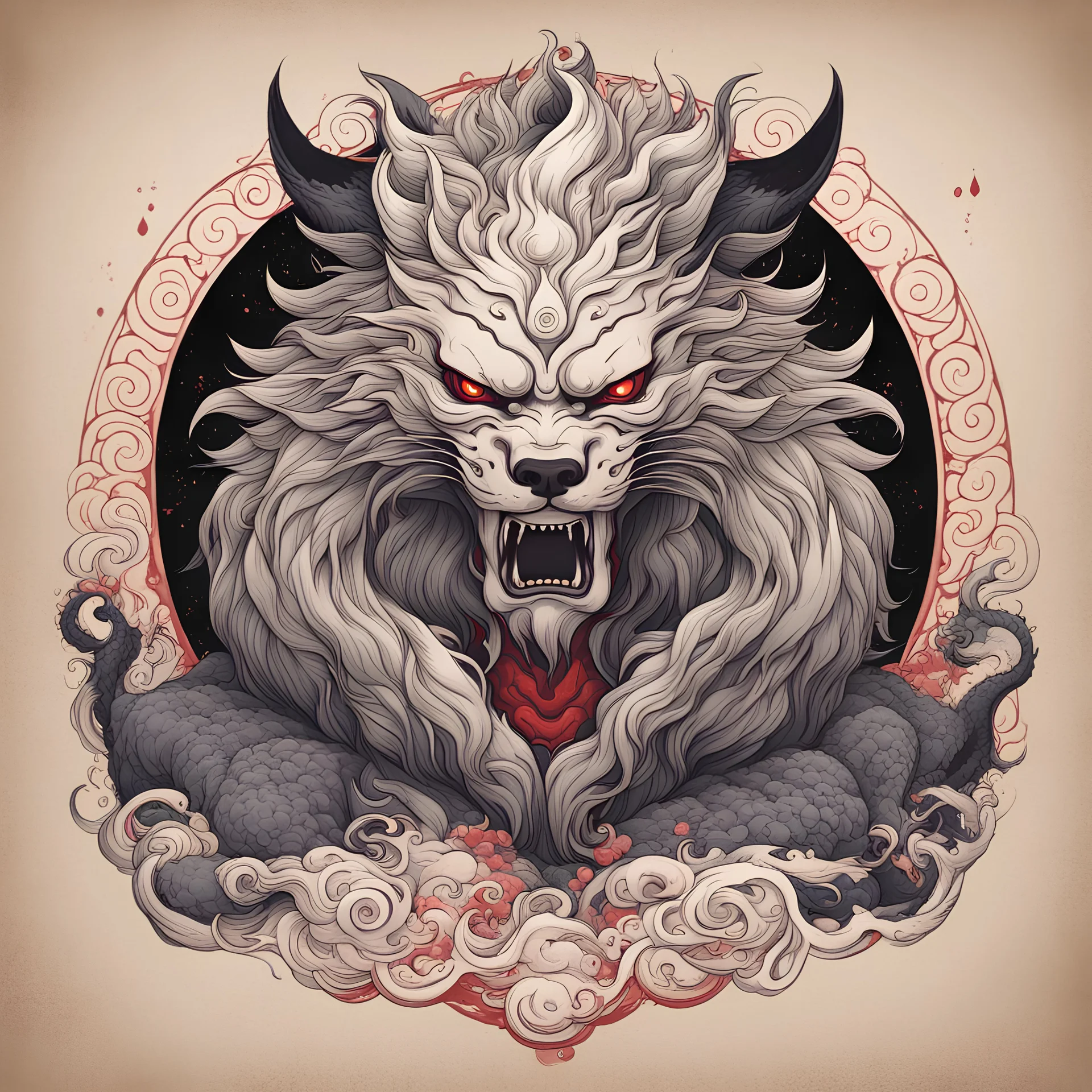 Mythic Beast Hati in japanese art style