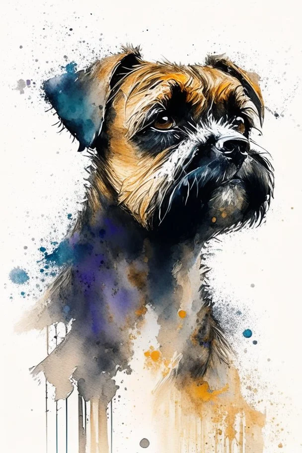 A minimalist portrait of a border terrier by Ryan Hewett , willem haenraets, watercolor, wet on wet and splattering techniques, centered, perfect composition, abstraction, surrealism