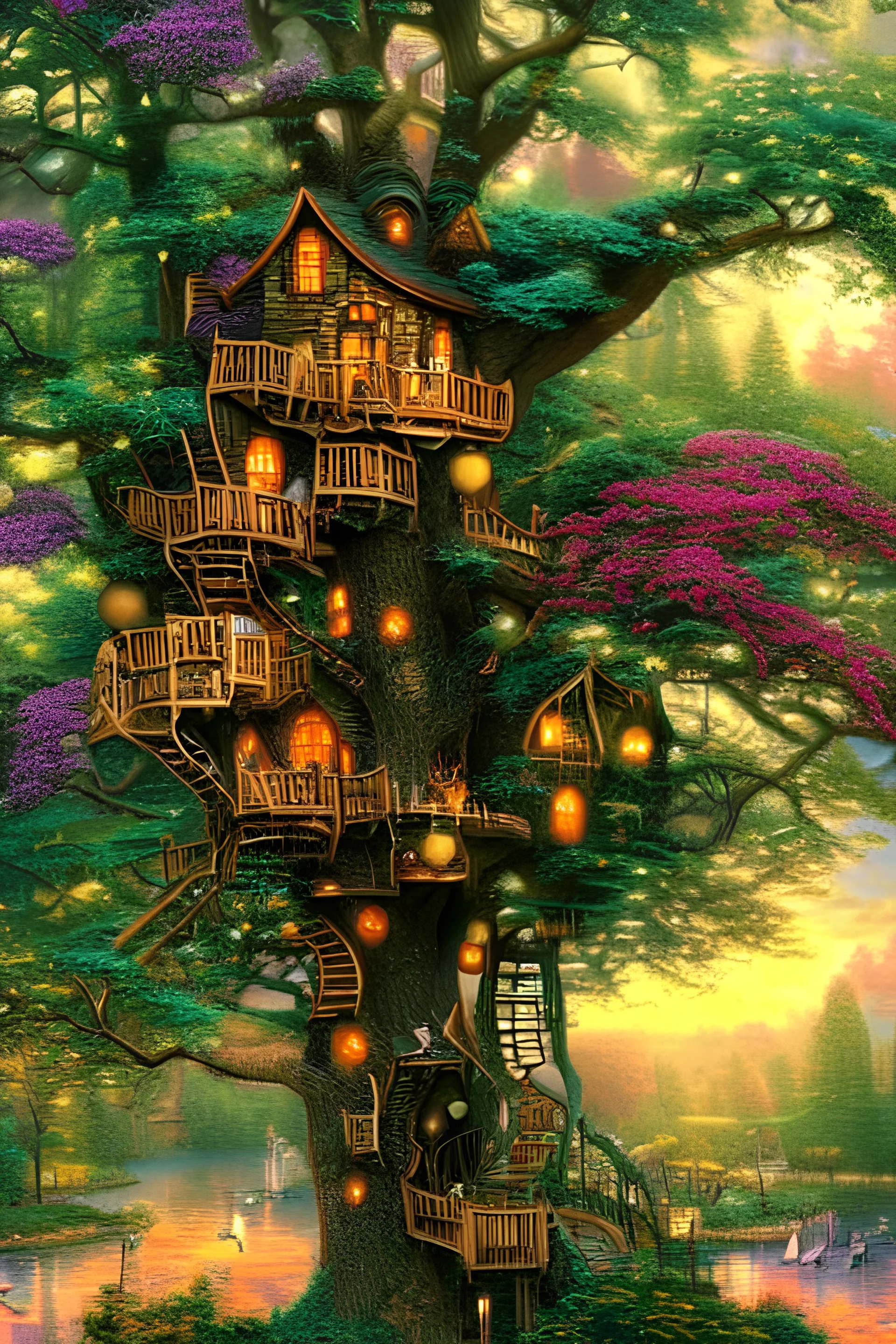 A beautiful treehouse, microscopic image by electron microscope, art by Thomas kinkade