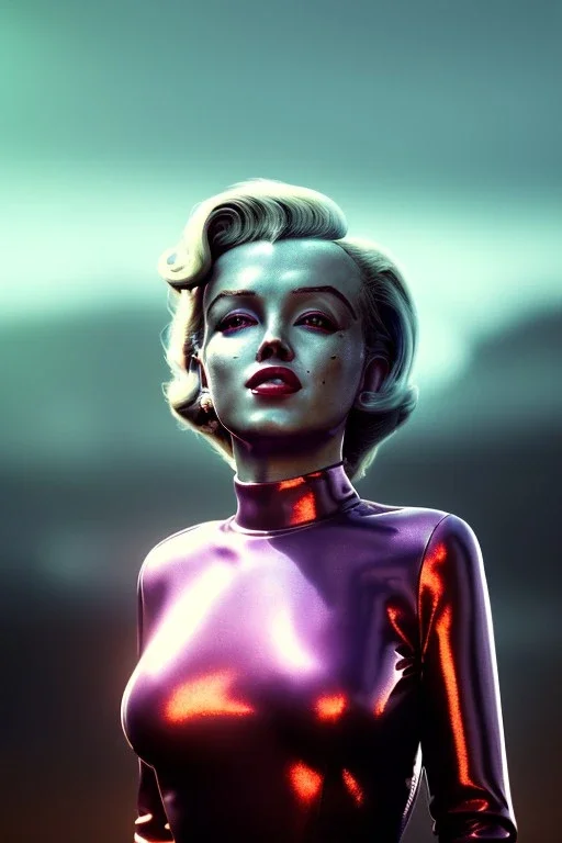 Ultra Realistic retro sci-fi scene, portrait, 2 blonde woman clones, sweet young Marilyn Monroe face, perfect iris, tight latex coat, helmet, Strange planet background. Spaceship, fog, rain, soft color, highly detailed, unreal engine 5, ray tracing, RTX, lumen lighting, ultra detail, volumetric lighting, 3d, finely drawn, high definition, high resolution.