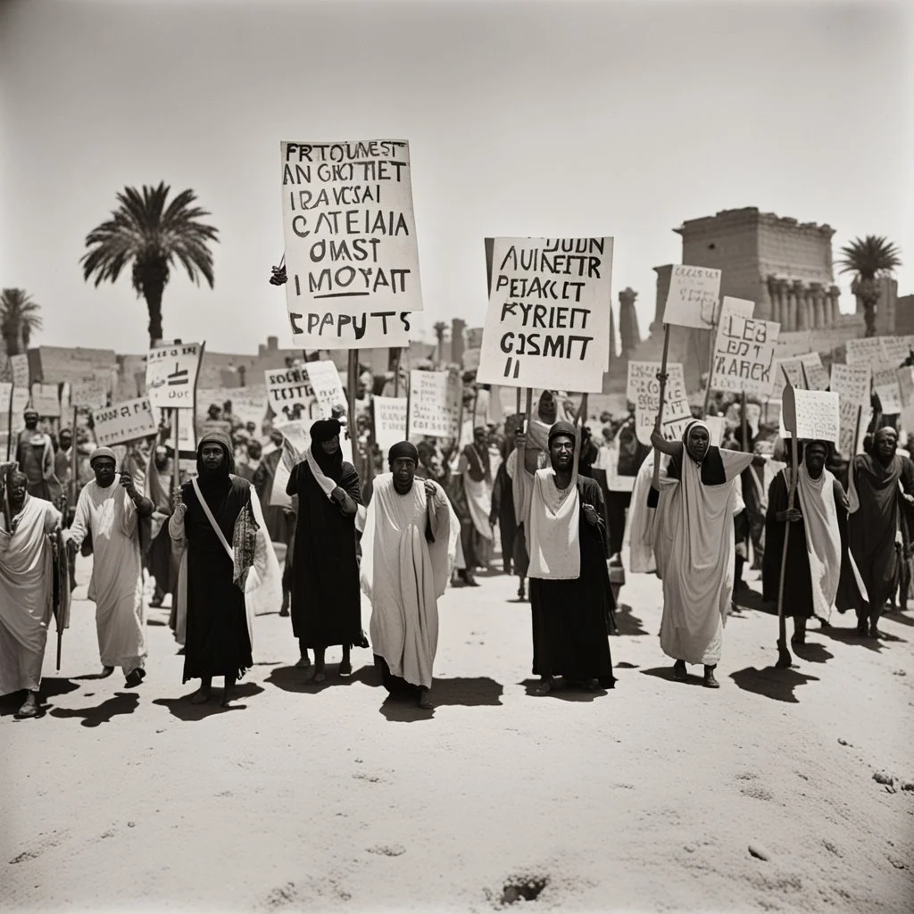 Protest march in ancient Egypt with picket signs