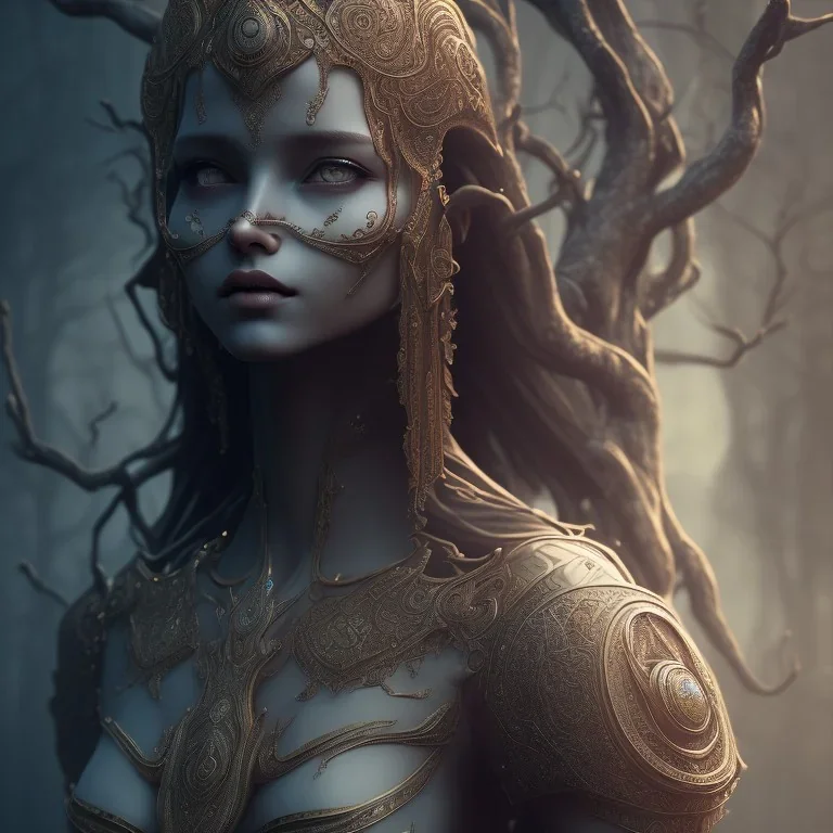 shree kurshna, ornaments theme art, Dark moody night atmosphere, 8K, close-up face, anatomically perfect face, oak tree roots,