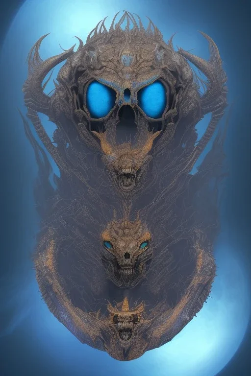 blue alien, head, evil, red eyes, weapons, blood, 8k, finely detailed, photo realistic, HR Giger style turquoise skull head gold dragon Mexican alien moon skeleton sombrero hat Black background