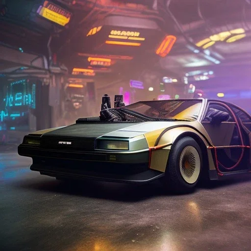 cyberpunk army DeLorean, cyberpunk 2077, center composition, ultra realistic, shiny, smooth, studio quality, octane render, Surrealism, Triadic colour scheme, glow-stick, god rays, ambient lighting, nightclub lighting, polaroid, 100mm, --ar 1:1 --v4