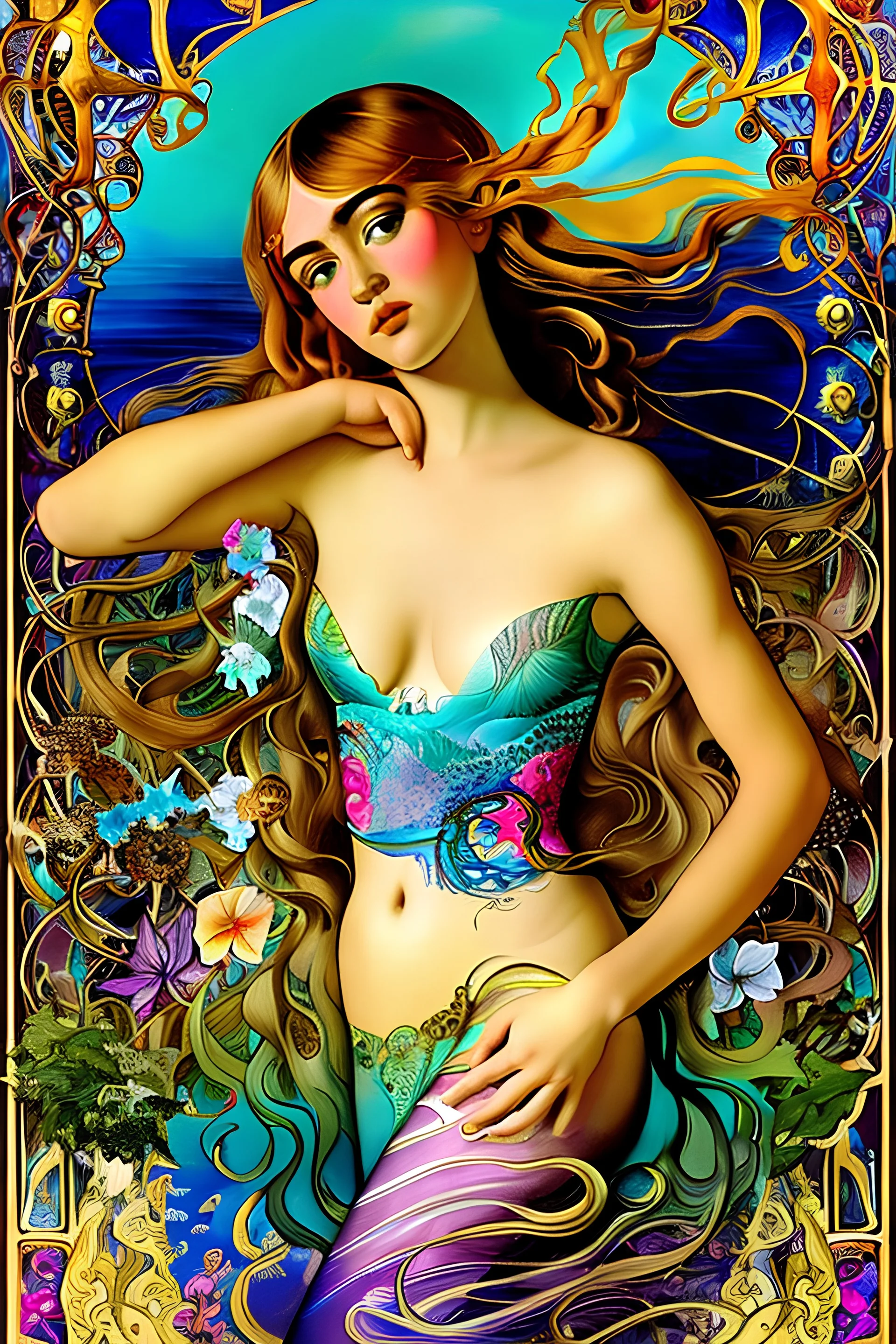 art by Salvador Dali in the style of Alfons Mucha, psychedelic colors, Suki Waterhouse as a mermaid in a lepidoptera dream, mystic scene with scientific detail, magic royalistic backlight, Dynamic lighting, sharp focus, expensive. 35mm professional lighting, intricately detailed, volumetric