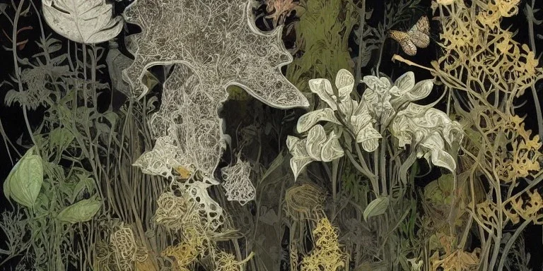 whimsical herbarium page, highly detailed, fantasy plants, thin gold details, cool white, black background, intricate digital painting by denis sarazhin, victo ngai