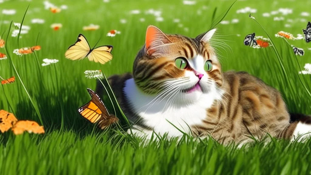 Funny cat in the grass with butterfly