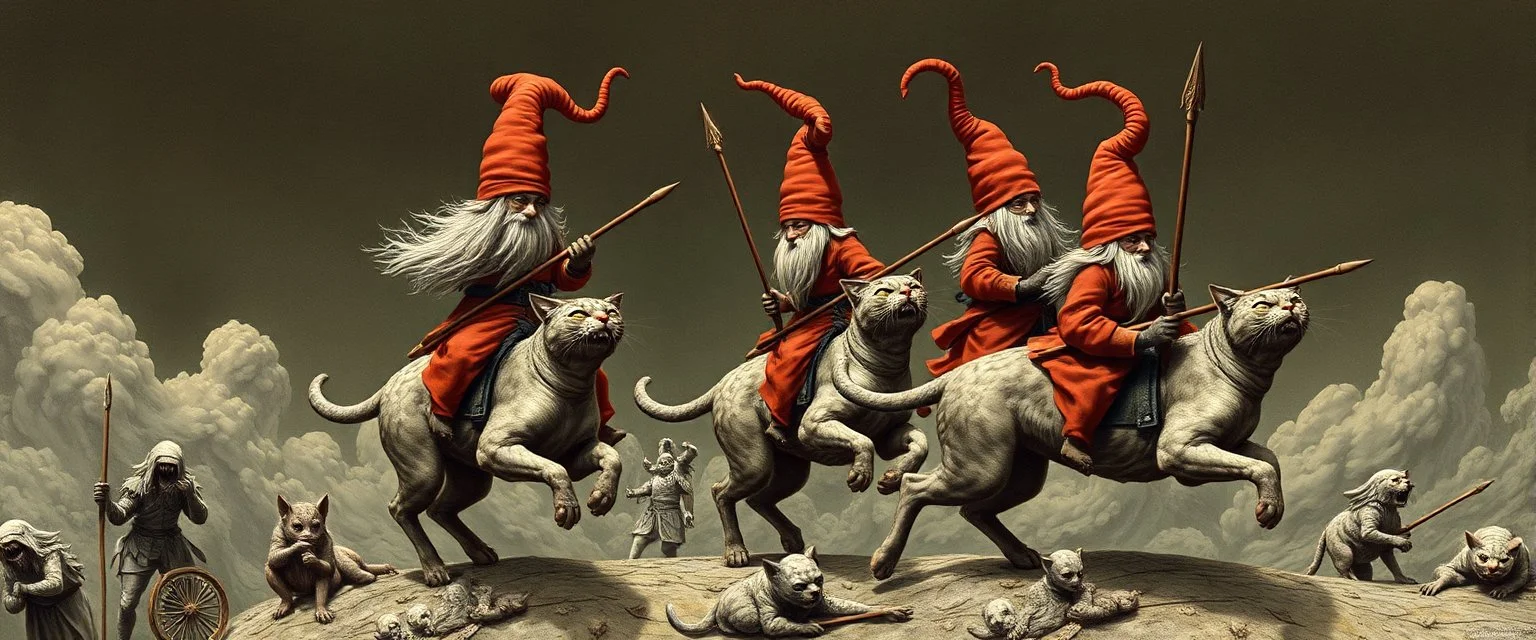 gnomes riding cats with lances in the style of Escher and Giger