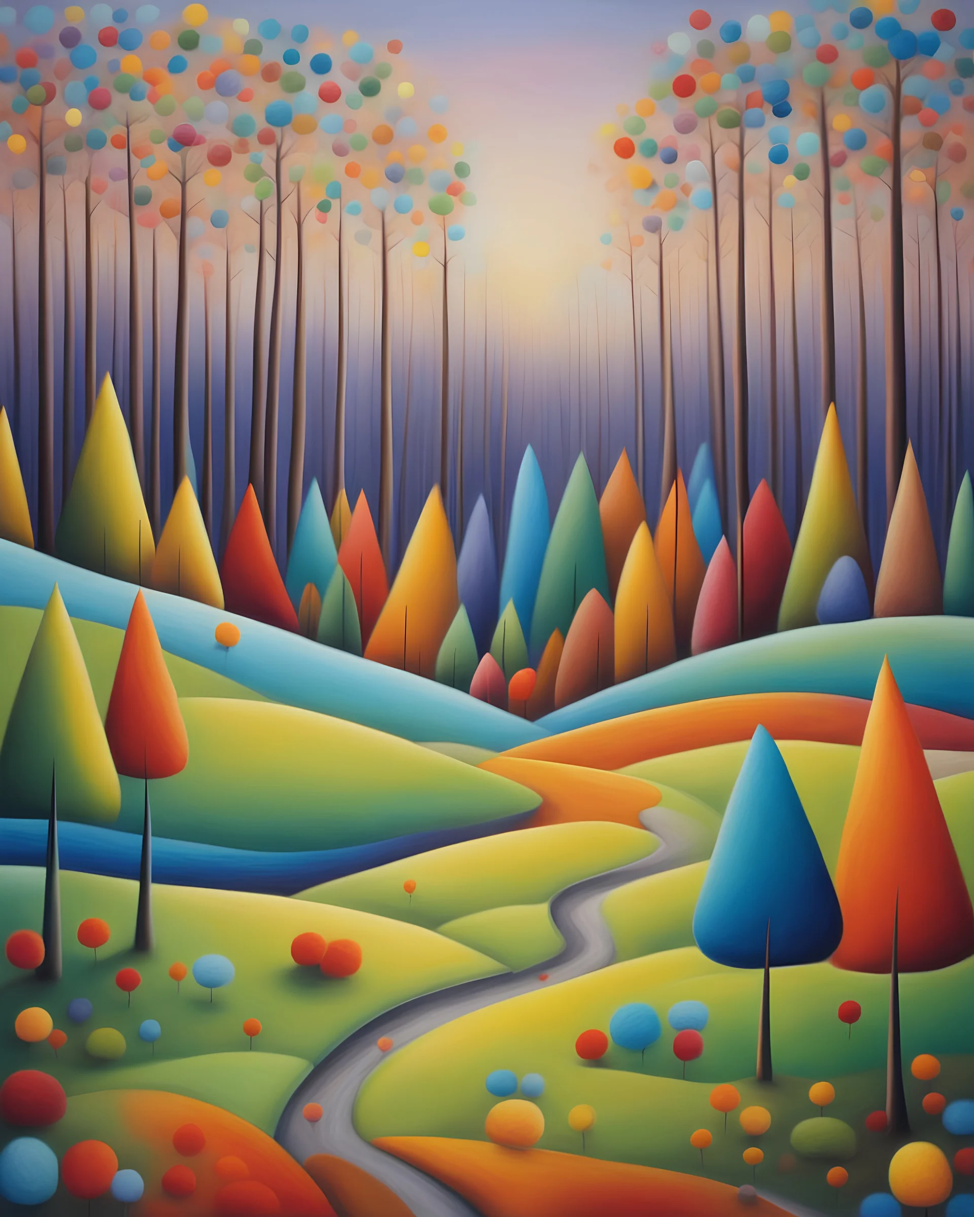 a whimsical multicolor forrest line, on the horizon, by Iwona Lifsches