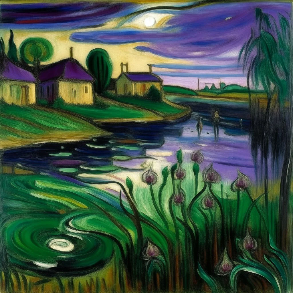 A swamp with purple lilies near a small town painted by Edvard Munch