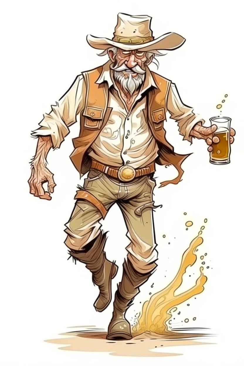 Bare drunk old cowboy in pants runs