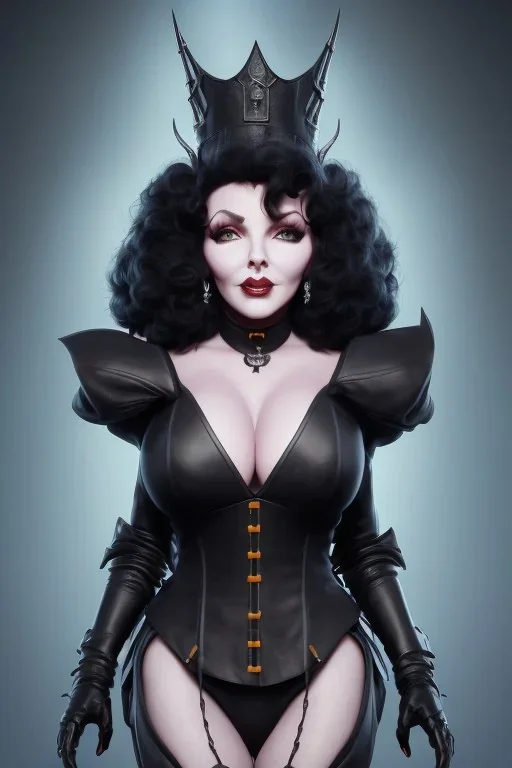 Joan Collins as evil queen in black leather, leather, busty, cleavage, angry, stern look. character design by cory loftis, fenghua zhong, ryohei hase, ismail inceoglu and ruan jia. unreal engine 5, artistic lighting, highly detailed, photorealistic, fantasy