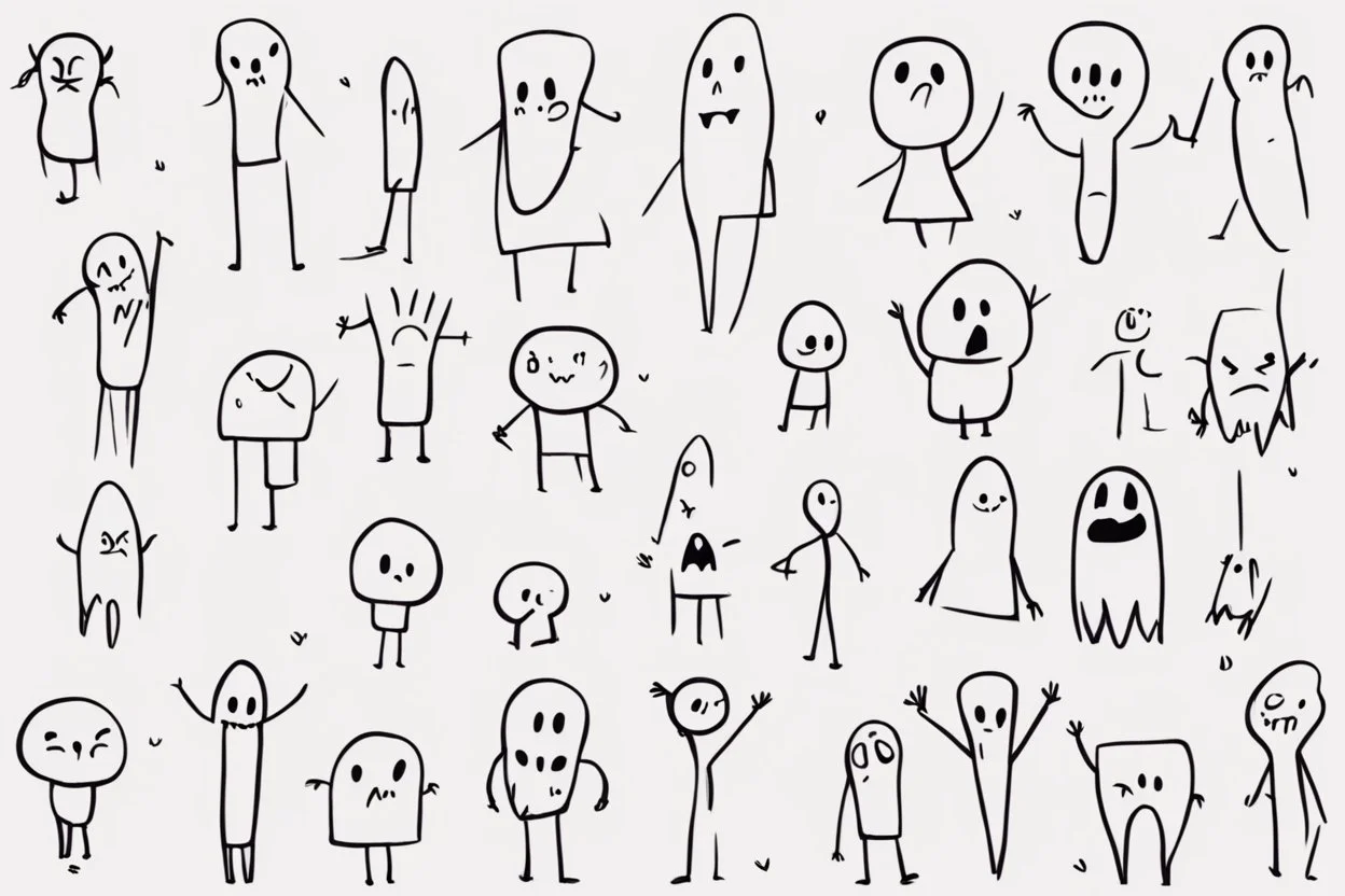 make a bunch of simple hand-drawn spooky and cute cartoon characters with bodies arms, and legs I could draw and make them all different