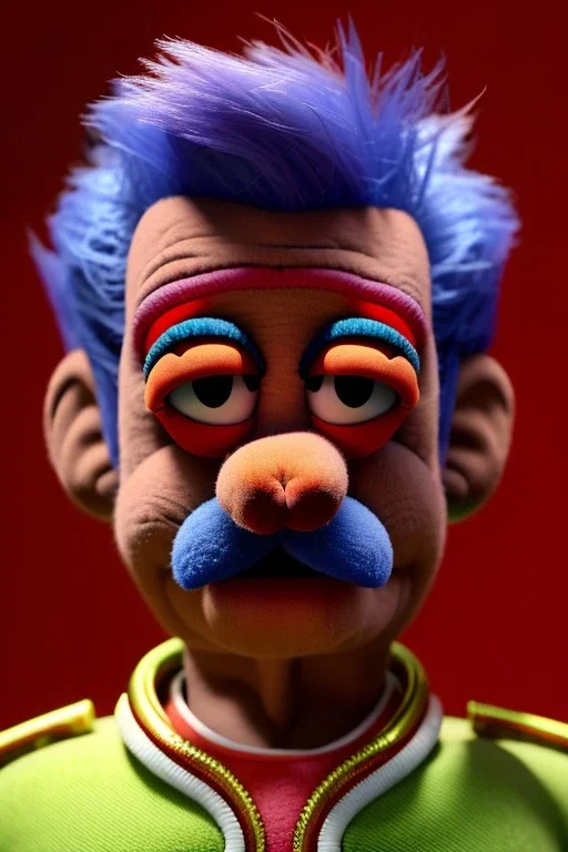 Waist up muppet Portrait, Nicolas maduro us muppet doll, Venezuelan president, tracksuit red blue and yellow, mustache, photo studio, red background, unreal engine 5, concept art, art station, ray tracing, lumen lighting, ultra detail, volumetric lighting, 3d.