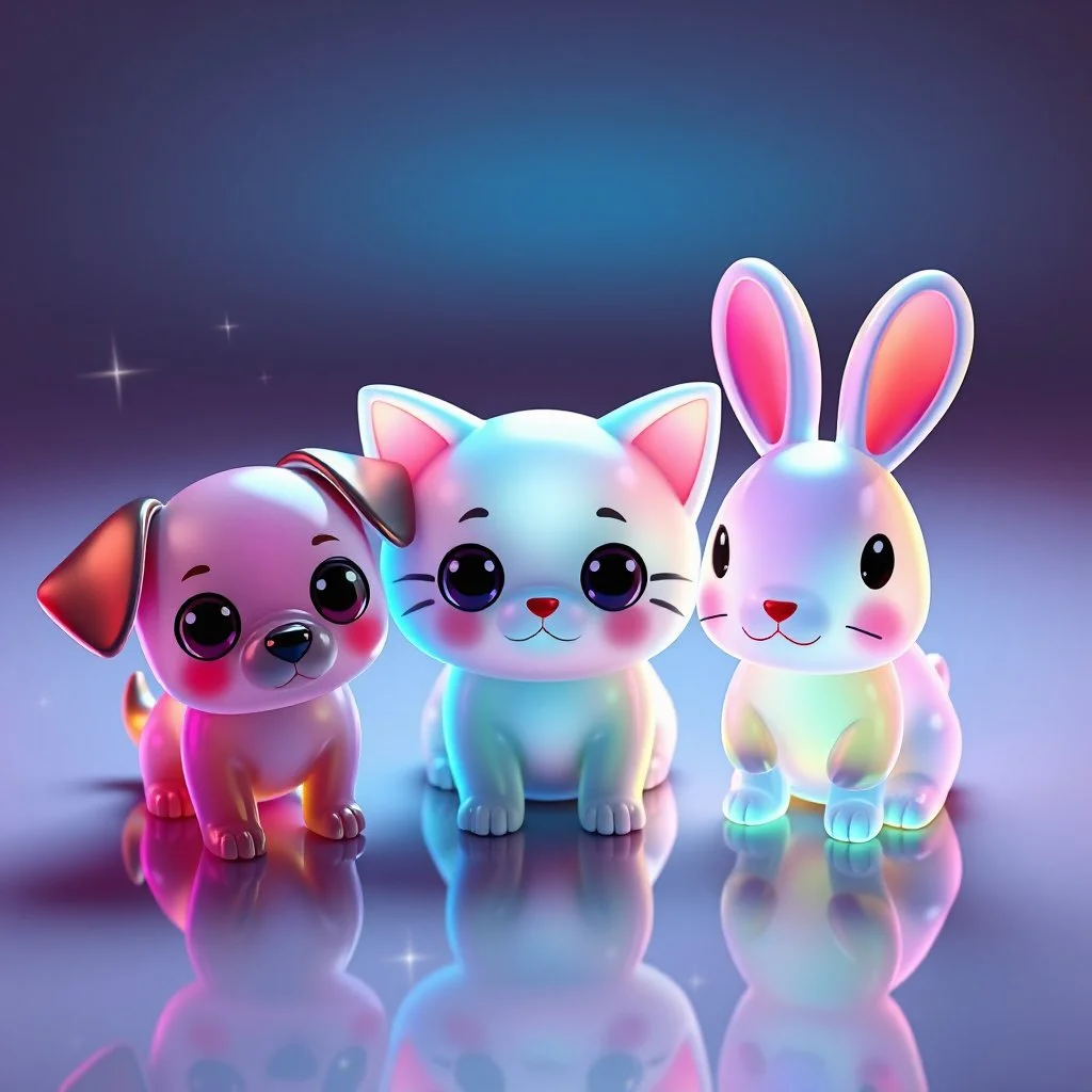 Adorable colored translucent 3D trio — a small dog, a cat, and a rabbit — in cute chibi proportions, made of glowing jelly-like glass material, soft pastel and neon color gradients, big expressive eyes, sparkles and light particles floating around them. Playful studio lighting, soft shadows on a reflective surface, Pixar-style render, cinema 4D, redshift, ultra-detailed, 4k.