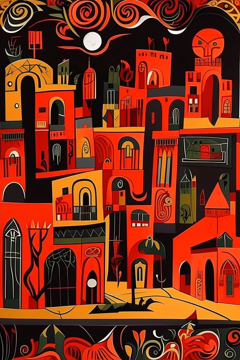 A dark red elastic vampiric city designed in ancient Greek pottery painted by Stuart Davis