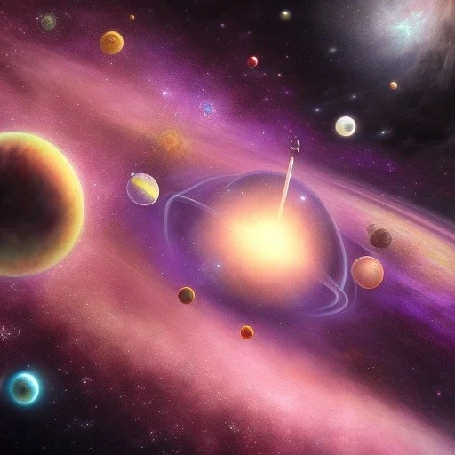 galaxy, nirvana, fantasy world,gas planets,with clouds,a couple of planets that are in the sky, abstract 3 d artwork, ufotable art style, dreamy and detailed,the planets are formed from clouds,the sky has stars, the planets are colored with red black purple violet,like a aurora borealis,no sun in picture