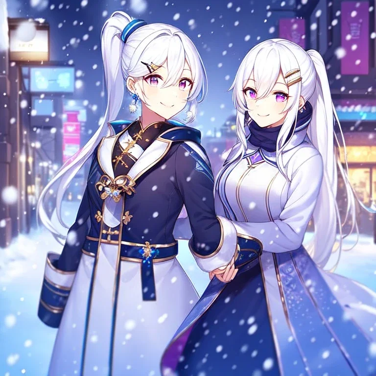 girl, masterpiece, best quality, volumetric lighting, detailed outfit, perfect eyes, long hair, white hair, purple eyes, snowing, winter clothes, smiling, street, ponytail, hairclip, earring, hair between eyes,