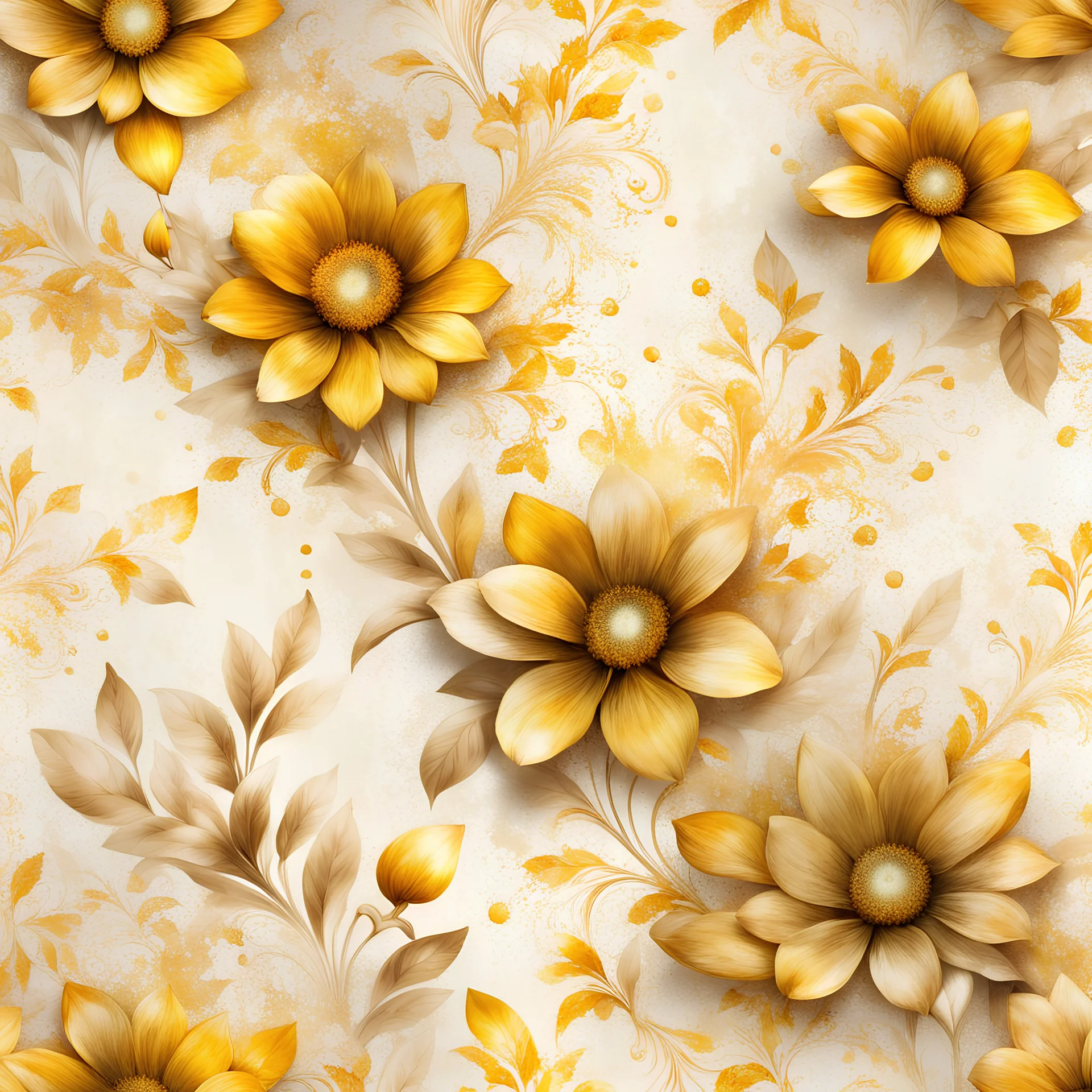 Hyper Realistic Yellow & Beige Multicolored-Floral-Patterns With Glowing Golden Embers On Off-White Grungy Background.