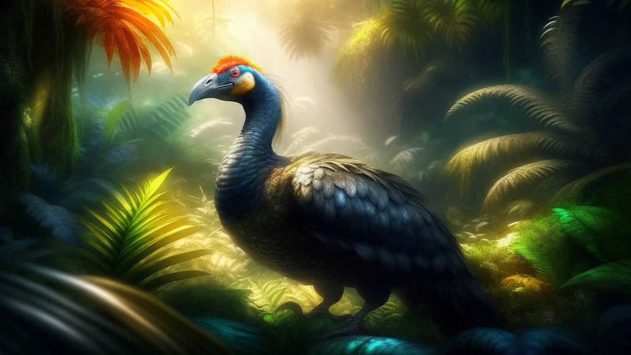 An artistic digital illustration depicting the majestic dodo bird Raphus scopas in its natural habitat, surrounded by vibrant tropical foliage, dramatic dutch light