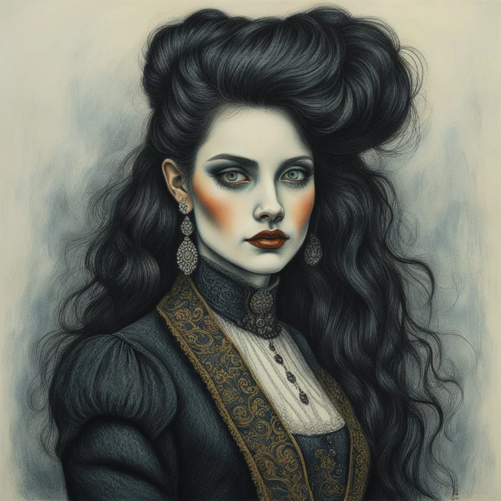 create a 3/4 profile, full body oil pastel of a dark haired, savage, ornately dressed, gothpunk vampire girl with highly detailed , sharply defined hair and facial features , in a foggy 19th century Moscow, in the style of JEAN-FRANCOIS MILLET and MARY CASSATT