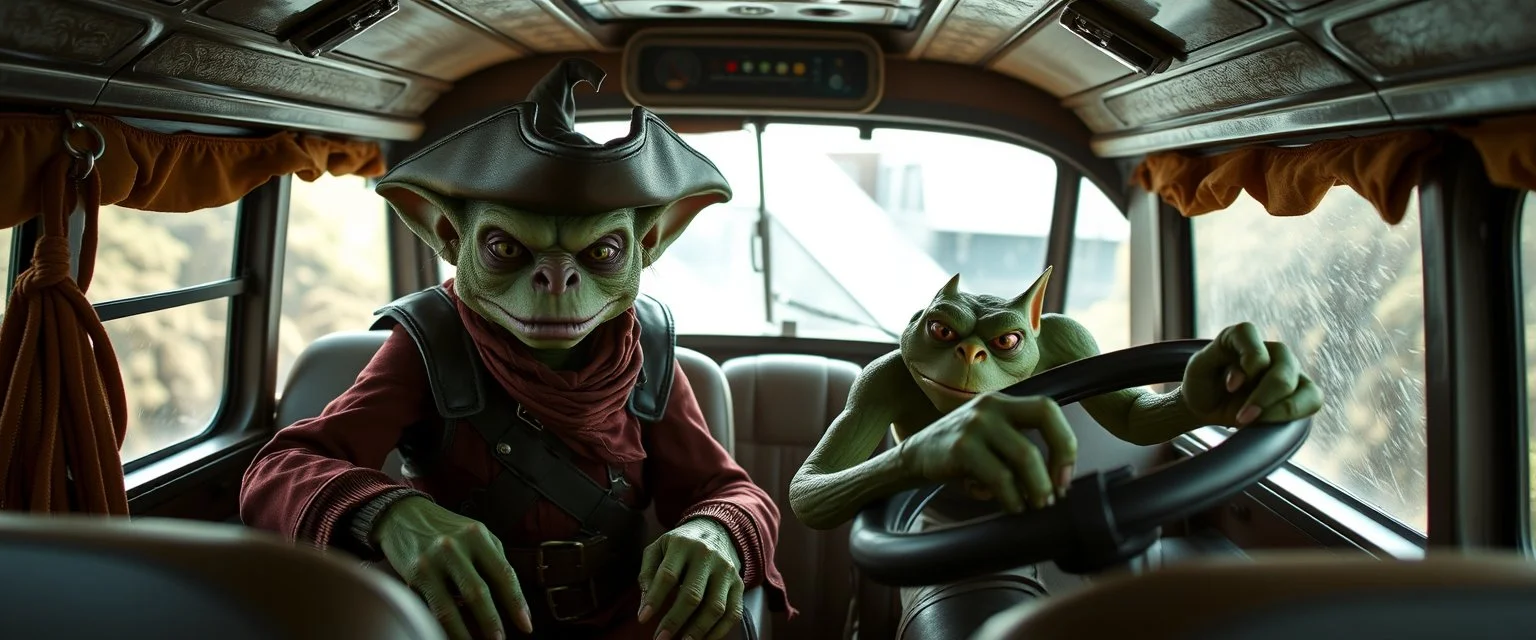 swashbuckler goblin gremlin inside a stunt buss