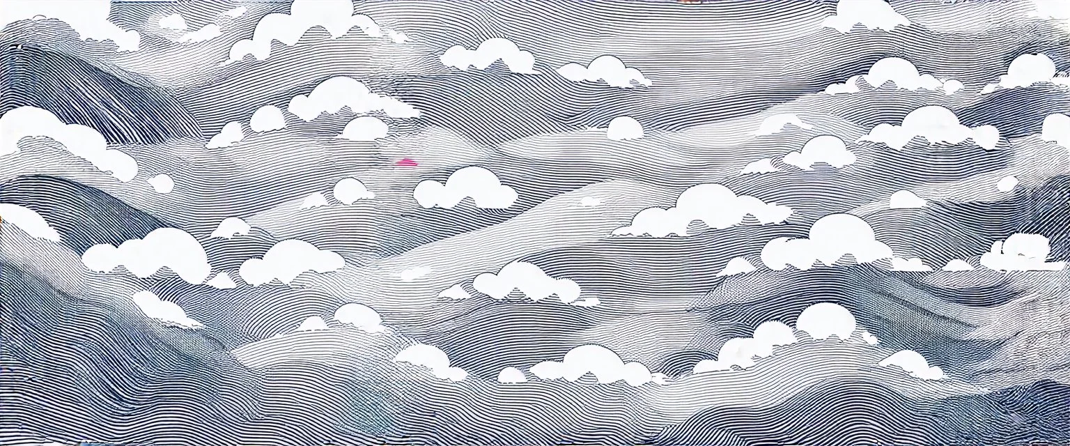 a series spaced curved and looping horizontal lines with paths inspired by clouds, cloud topography, whimsical cute, kawaii, black lines on white, vector lines