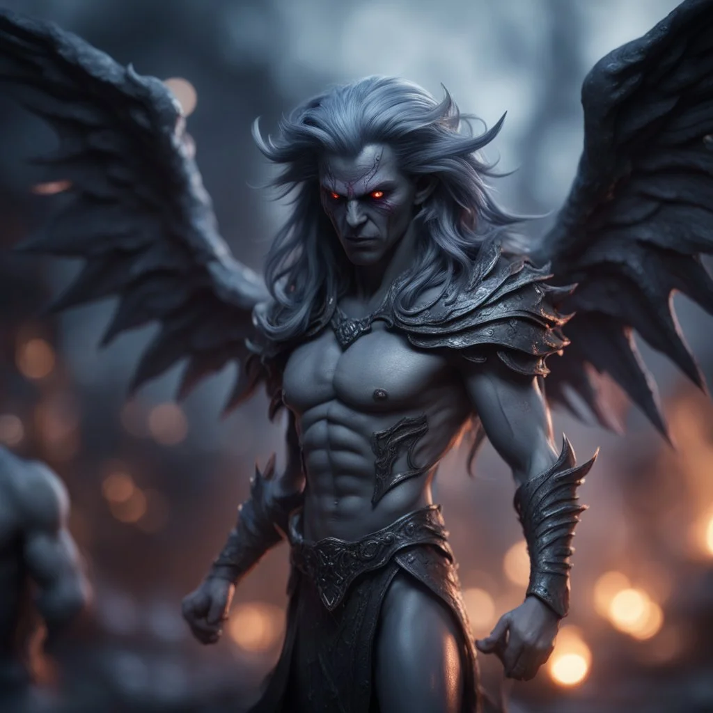 serpent dark elf grey angel nephilim vampire with muscles and big wig, Guiding souls through twilight, where the shadows flee In this realm of aftermath, phantoms softly tread Following the will-o-wisp, where the lost are led ,bokeh like f/0.8, tilt-shift lens 8k, high detail, smooth render, down-light, unreal engine