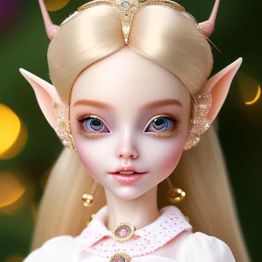 close up on elf as dollie deluxe, bright eyes, post card, toy train, two big front teeth, skin imperfection, worn skin, white teeth