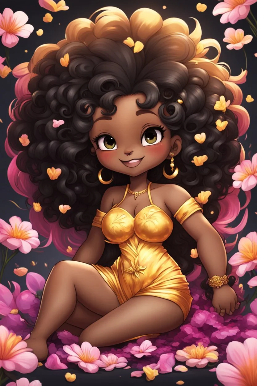 A sassy thick-lined airbrushed cartoon black chibi girl lounging lazily on her side, surrounded by flower petals. She has a golden lion tail curling playfully behind her curvy body. Looking up coyly, she grins widely, showing sharp lion teeth. Her poofy hair forms a mane framing her confident, regal expression.