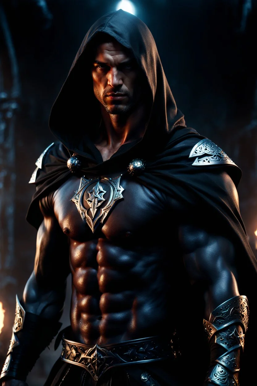 image of a handsome and muscular warrior wearing a black hooded cape with silver symbols. Photorealistic. 4k. Dark Fantasy