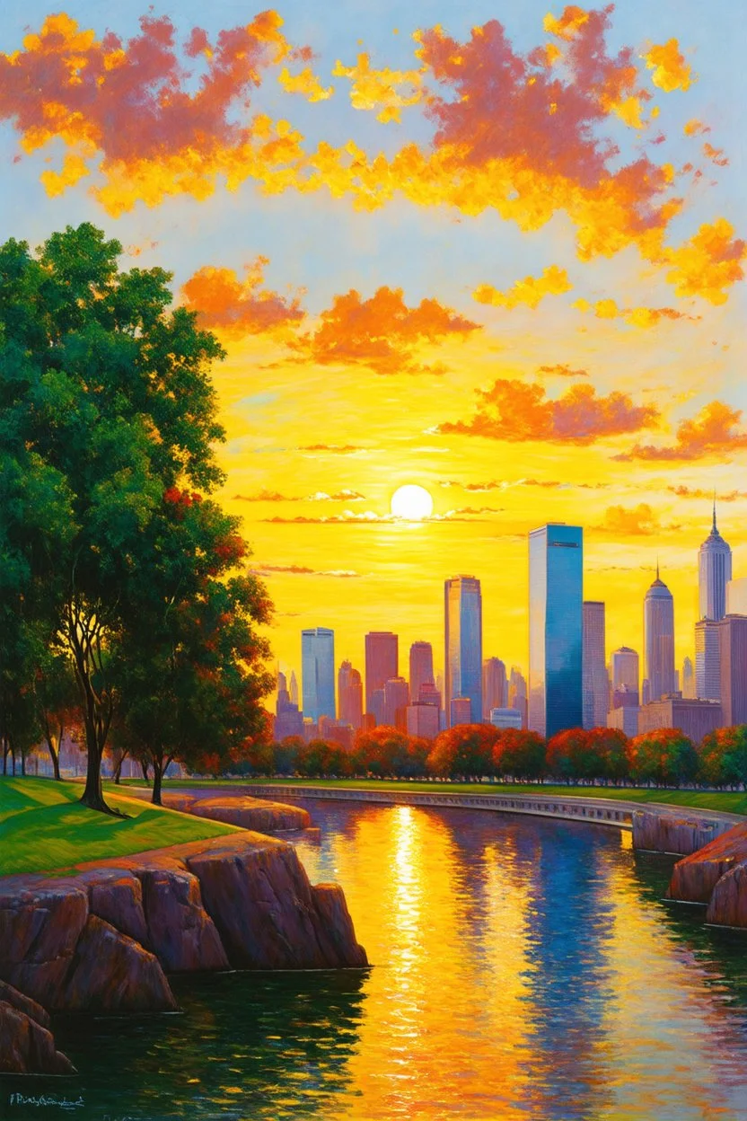 sunset, buildings, lake, rocks, city, park, trees, cyberpunk, distopic, sci-fi, paul gauguin, and claude monet impressionism paintings