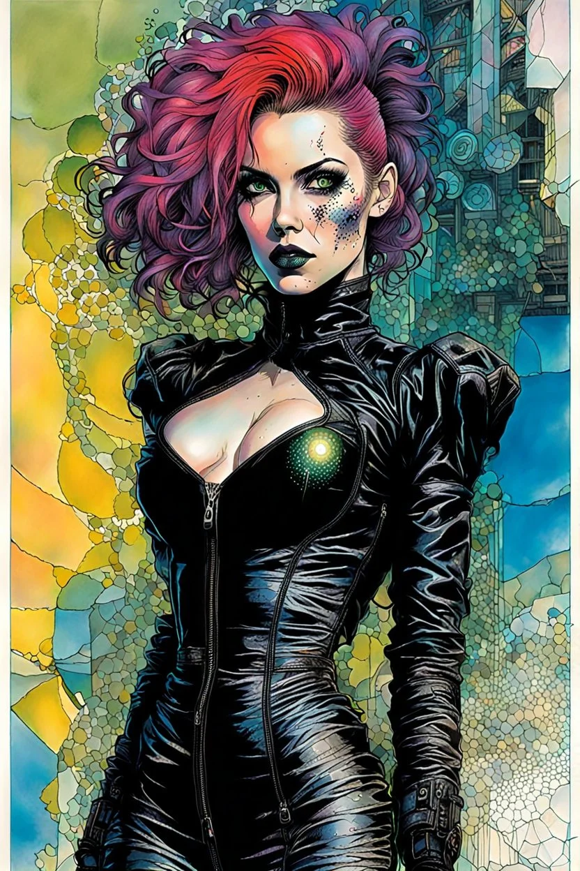 Create and fine print portrait of an epic science fiction fantasy Gothpunk Girl , with finely lined and detailed facial features, in a ragged leather dress, fishnet stockings ,battered combat boots, in the style of Bill Sienkiewicz, Philippe Druillet, and Jean Giraud Moebius, precisely drawn, colored and inked