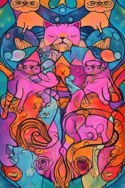 Gemini zodiac sign, cats, pink, orange, red, hyper realistic