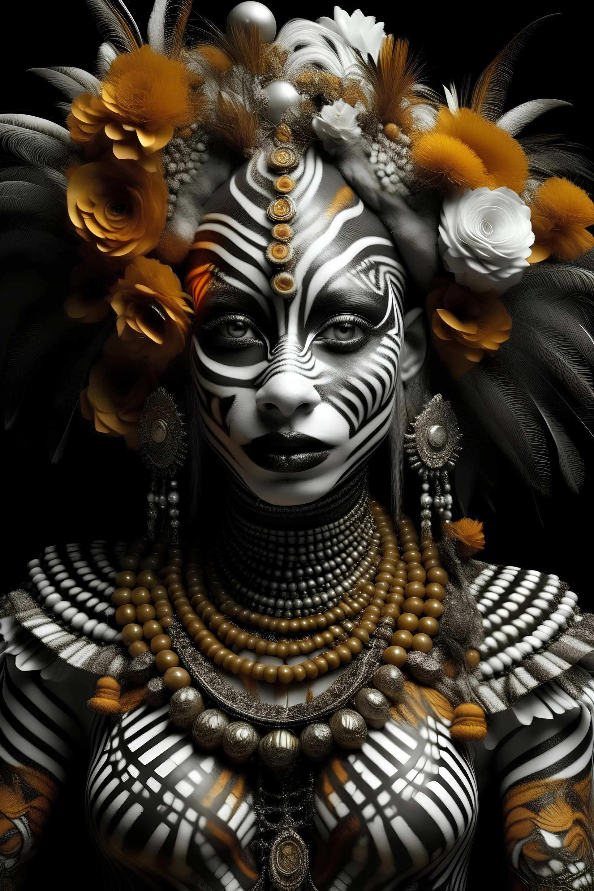 Beautiful humanoid l Zebra witch black and white, brown, orange and gold front wiev textured detailes skin,and fur portrait, wearing rococo style black floral ornate headdress adorned with white Golden beads, gold dust pearls organic bio spinal ribbed detail of rococo floral, white african background extremely detailed, athmoshpheric, hyperrealistic maximálist concept art