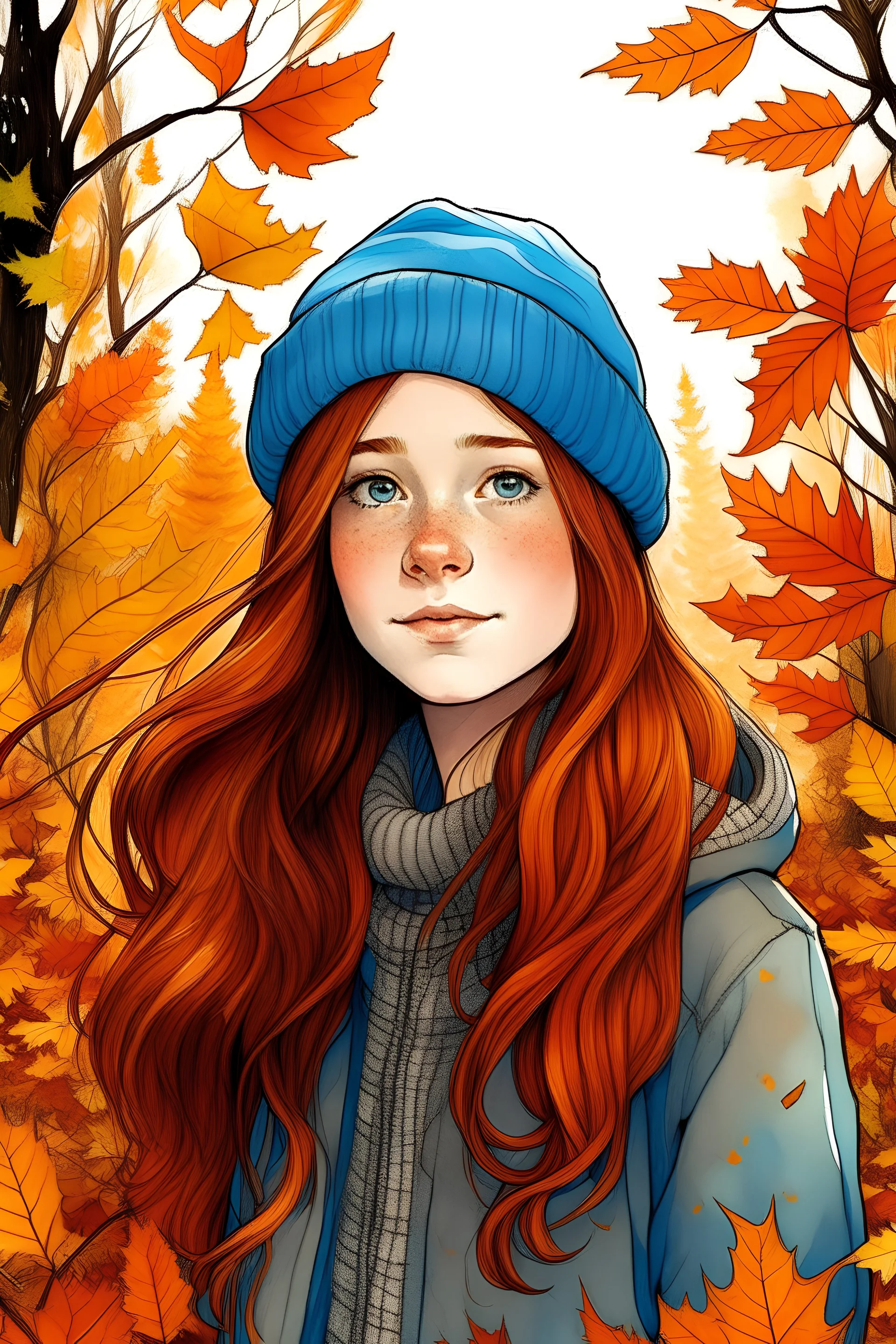 a coloured sketch of a teen girl with blue eyes and long flowing orangey brown hair wearing a winter hat standing among a forest of colourful autumn trees with leaves falling all around