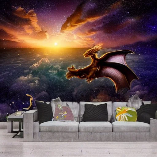 Celestial dragon with wings spread above a breathtaking cityscape by the lake in a thunderstorm, an amazing starry night with stunning reflection, full Moon, stars, milky way, highly detailed,triadic colors cinematic light 16k resolution