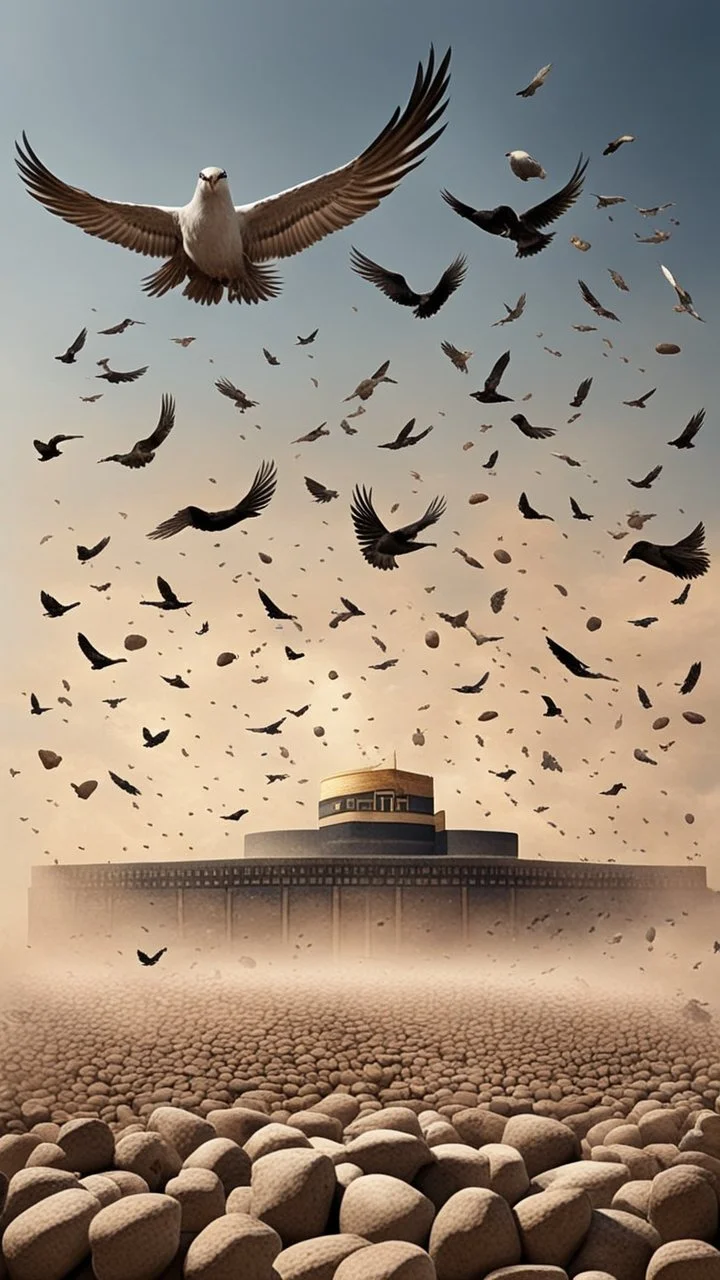 Many birds in the sky, flying above the Kaaba, carrying stones in their legs, around them is desert