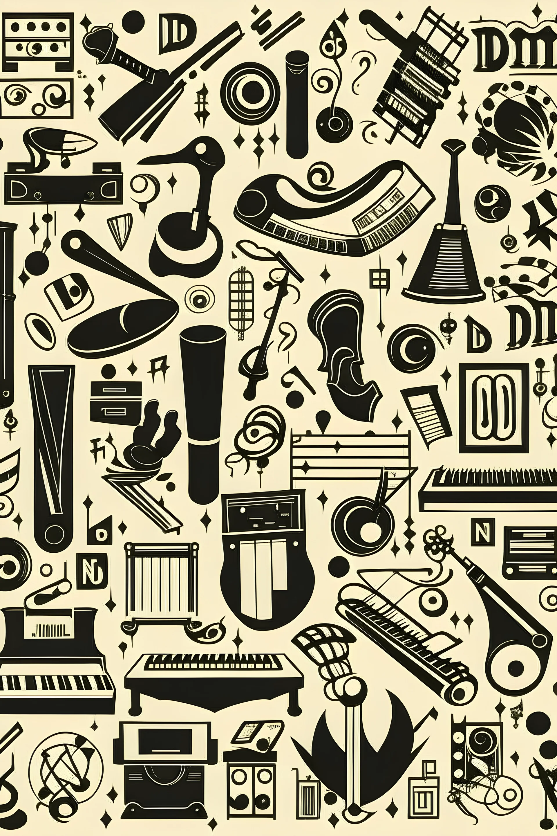 musical note "DO" in bold in the center, surrounded by musical instruments: pianos, saxophone, violin, flute, flute raversiere, guitar, all in black and white on a beige background.