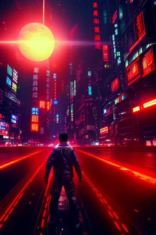 Still Thriller scene, Kaneda of Akira anime, neotokyo city background, retro futuristic style, glow eyes, cinematic, Ultra realistic, wide angle view, soft color, highly detailed, unreal engine 5, RTX, ultra detail, volumetric lighting, 3d, finely drawn, high definition.