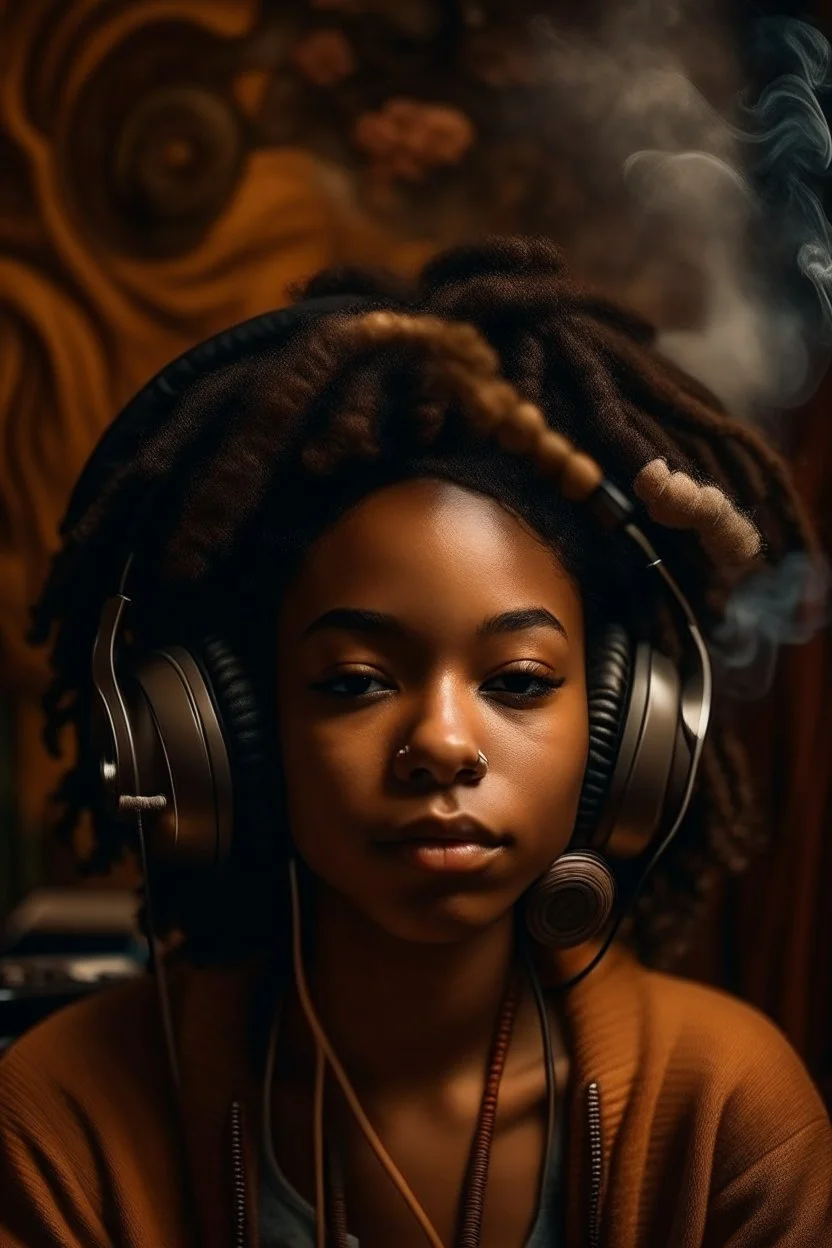 earthy black young woman listening to music with headphones, soul, peace, majestic, earthy colours, at peace, happy, incense, jewels, bands, natural, old school headphones, low siren eyes, incense, almond eyes, no eyelid wrinkles, darker skin tone