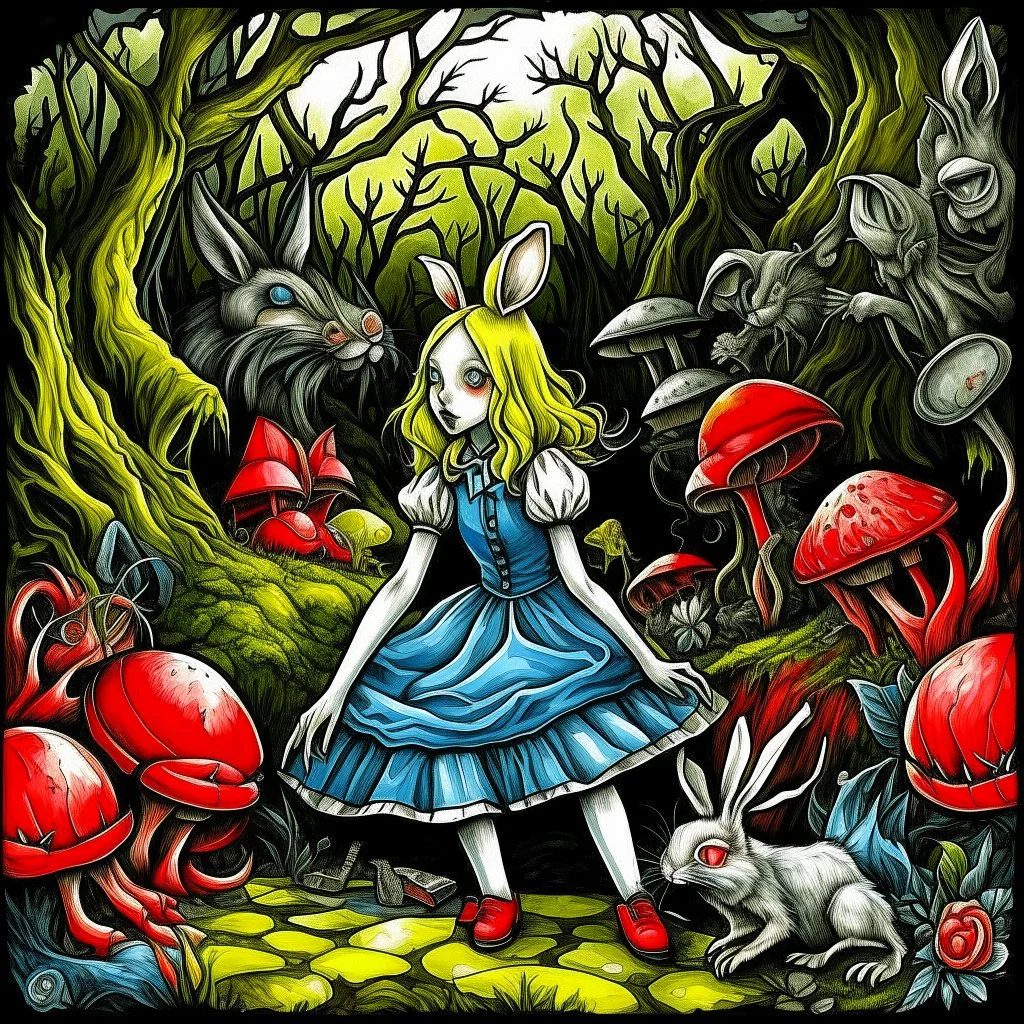 nihilism, Zombie alice in wonderland. gnostic emptiness, color illustration, by John Tenniel and Wayne Barlow, surreal, horror, double exposure, complex composition