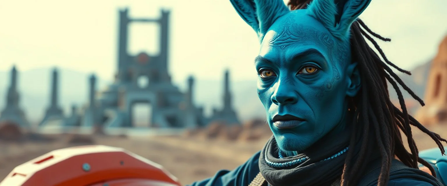portrait with bluegreen bunny man with indian skin, space race on mega vehicle, From the shadows, they rise, with a spark in their eyes, Ethereal echoes of a world we once knew, With the glam and the glamor, we reach for the skies, Cosmic rhythms pull us through, [Chorus] Suti came for our world, with the power to ignite, Dancing through the stars, we find our light. motion blurred background of ancient space ruins